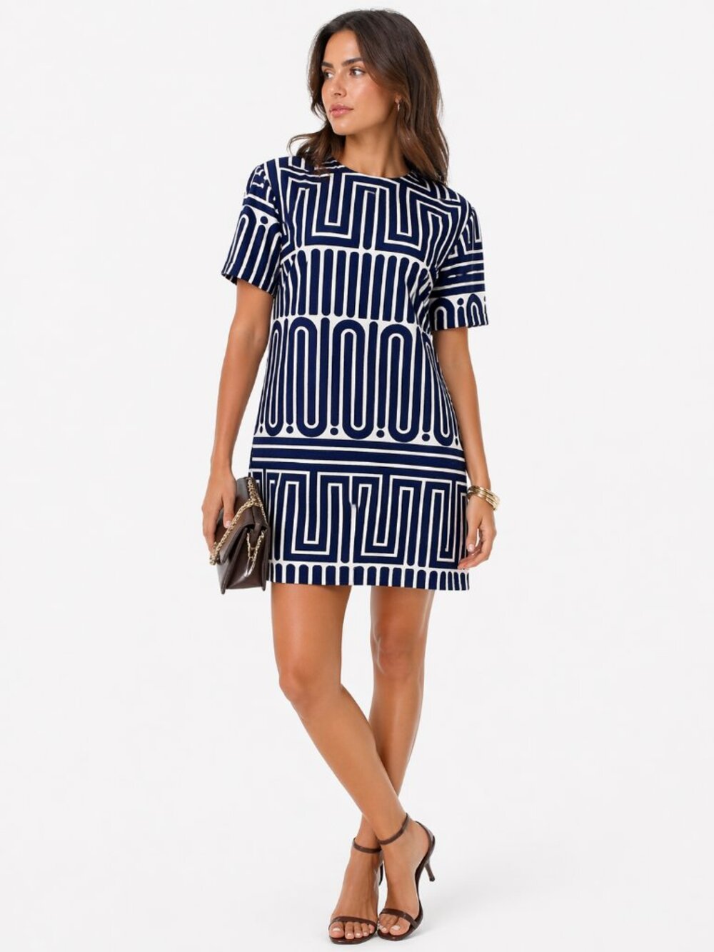 TRINA TURK Zap Geometric Short Sleeve Shift Dress Blue White Large - Picture 2 of 12